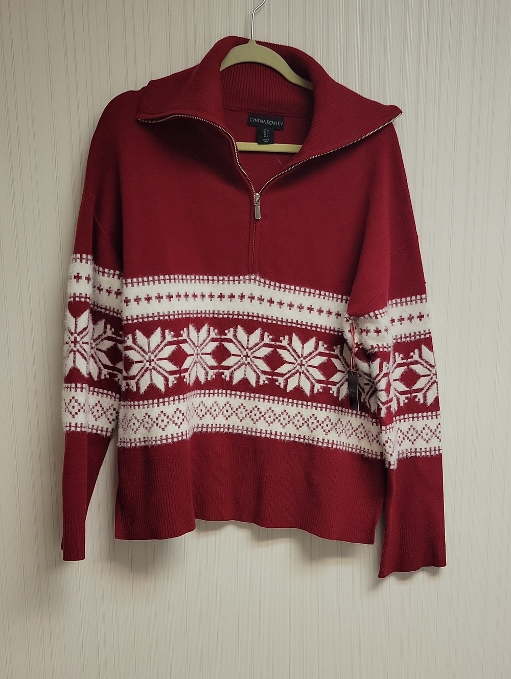 Cynyhia Rowley Red Half-Zip Fair Isle Sweater Large Fall Festive Winter New